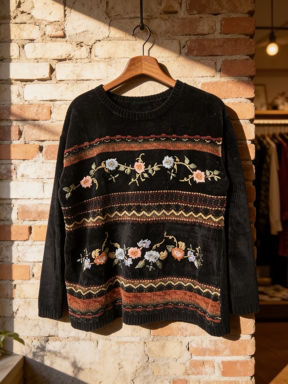 Vintage 90s Carolyn Taylor Chenille Embroidered Sweater Black Floral large